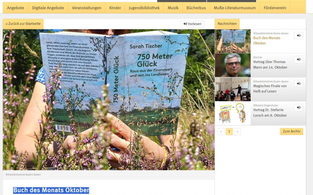 Buch des Monats in der Stadtbibliothek Baden-Baden: 750 Meter Glück